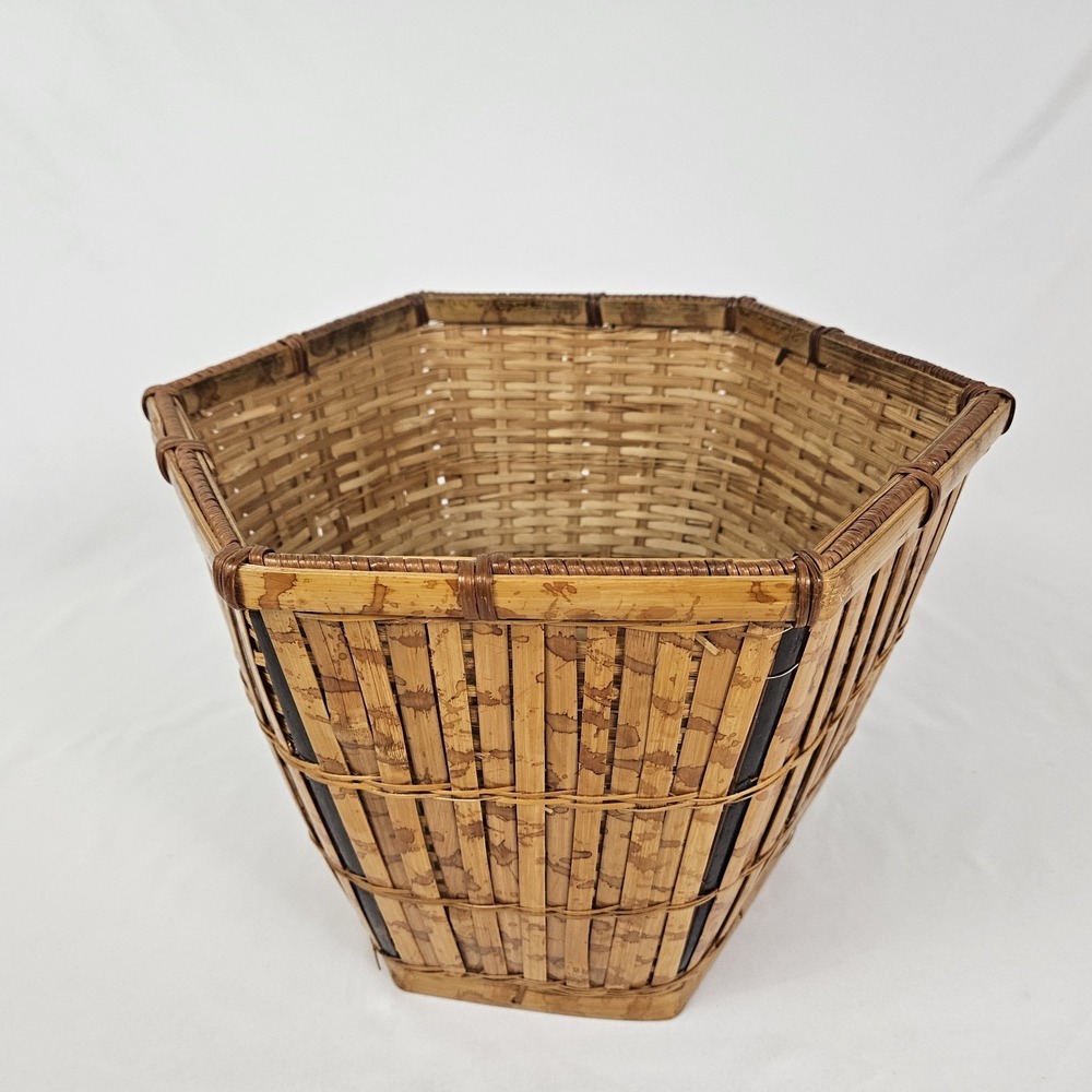 Vintage Tortoiseshell Bamboo Basket Planter Wastepaper Trash Can Boho MCM Rattan - Picture 3 of 10